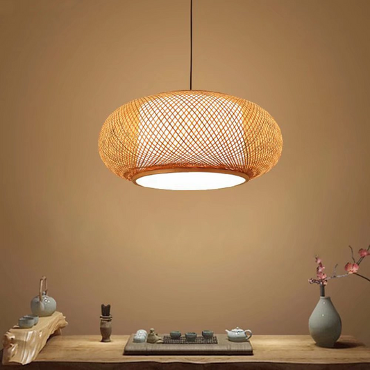 "Natural Bamboo Rattan Oval Open Weave Hanging Ceiling Light"