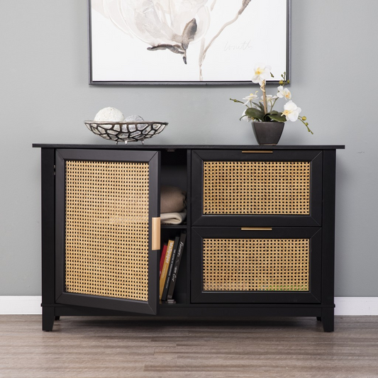 "Black and Cane Bamboo Accent Storage Cabinet"