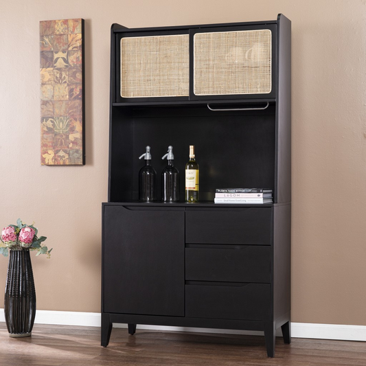 "Rustic Black and Light Bamboo Tall Buffet Cabinet"