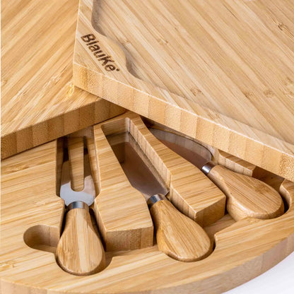 Bamboo Cheese Board and Knife Set - 14 Inch Swiveling Charcuterie Board with Slide - Out Drawer - Cheese Serving Platter, Round Serving Tray - ShopElegancyBamboo charcuterie boardBamboo Cheese Board and Knife Set - 14 Inch Swiveling Charcuterie Board with Slide - Out Drawer - Cheese Serving Platter, Round Serving Tray